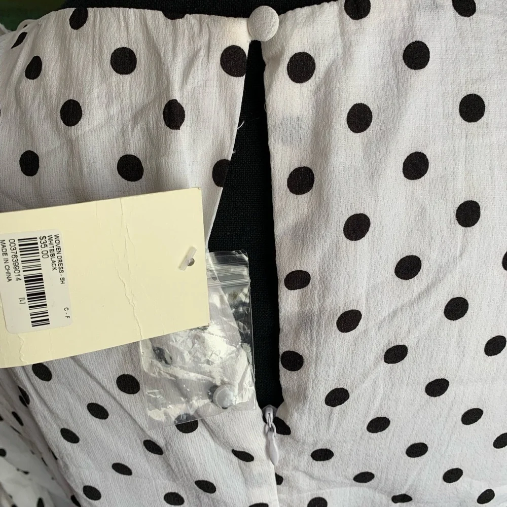 Blue Bush Black & White Polka Dot Ruffle Ruched Woven Dress Size Large